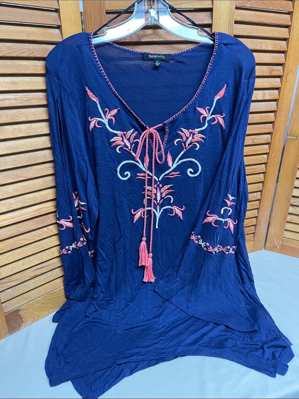 Relativity Navy Tunic Top with Peachy/Pink Embroidered Floral Detail